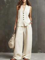 Two-piece cotton and linen set with sleeveless vest and wide-leg trousers