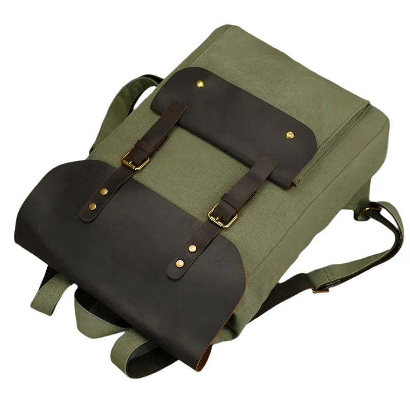 Genuine Leather & Canvas Rucksack | Vintage College Laptop Backpack