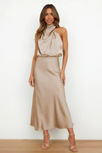 Carlina | Long Satin Wedding Guest Maxi Dress with Halter Neck