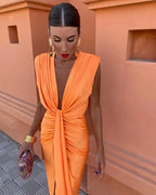 Selena - Elegant Fiery Drape Wedding Guest Maxi Dress