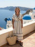 Thalassa | Elegant Striped Wrap Waist Midi Dress