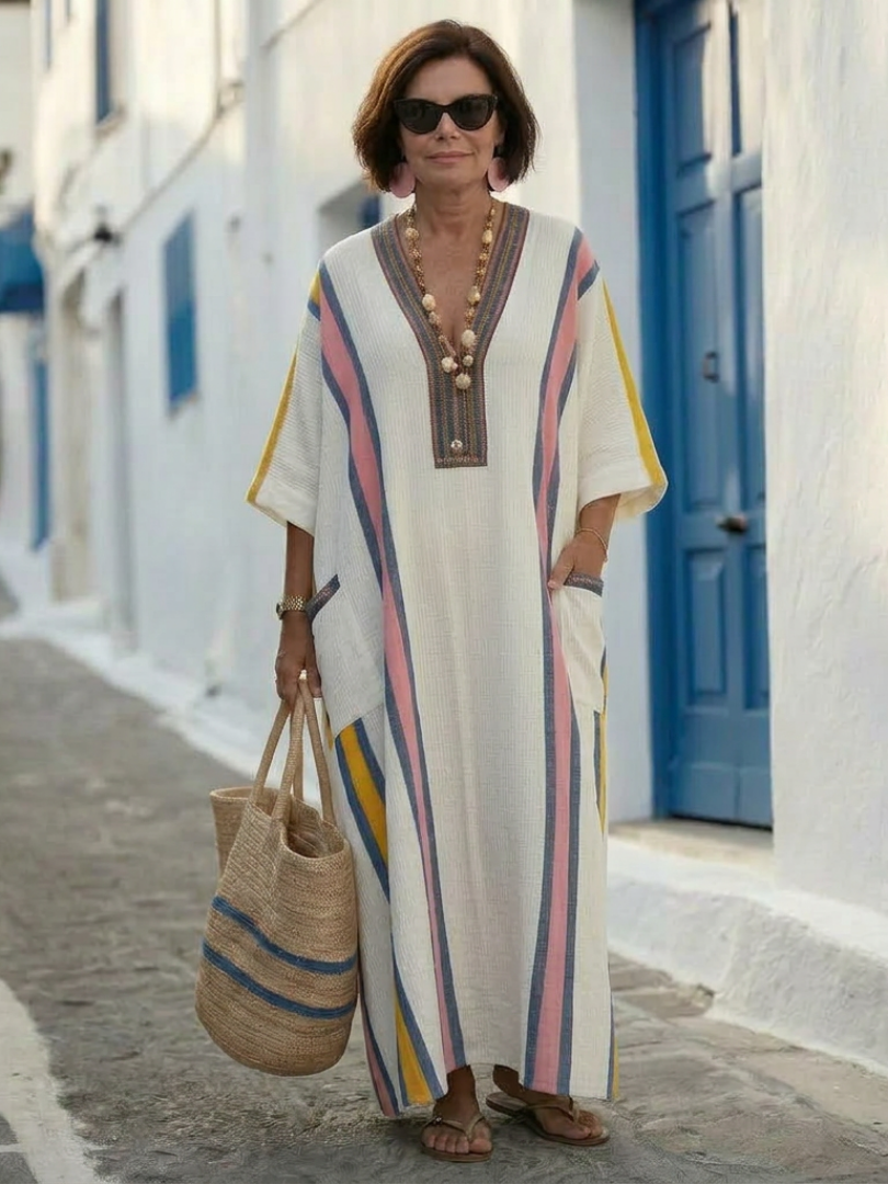 Noemi | Relaxed Ivory Striped Kaftan Maxi Dress