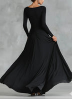 Adele - Modern long black crepe dress with boat neck and pleats