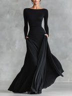 Adele - Modern long black crepe dress with boat neck and pleats
