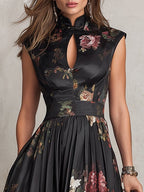 Violetta | Black Midi Dress in Pleated Satin with Floral Pattern and Keyhole Neckline