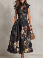 Violetta | Black Midi Dress in Pleated Satin with Floral Pattern and Keyhole Neckline