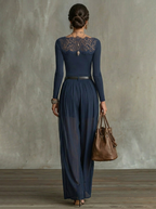 Navy Lace-Panel Long Sleeve Top And Sheer Pleated Wide-Leg Pants Set (with belt)