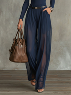 Navy Lace-Panel Long Sleeve Top And Sheer Pleated Wide-Leg Pants Set (with belt)