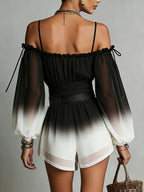 Black And White Gradient Off-shoulder Gradient Chiffon Jumpsuit (with belt)