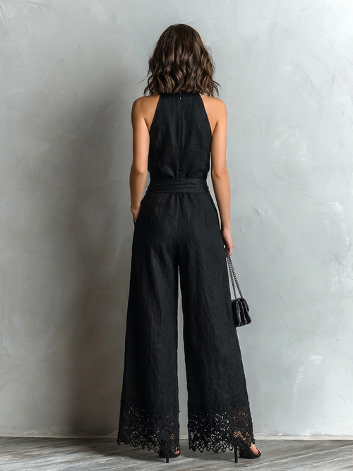 Black Faux Halter Neck Vest With Tie-up Lace-trimmed Wide-leg Pants Set