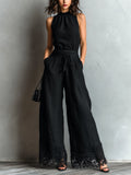 Black Faux Halter Neck Vest With Tie-up Lace-trimmed Wide-leg Pants Set