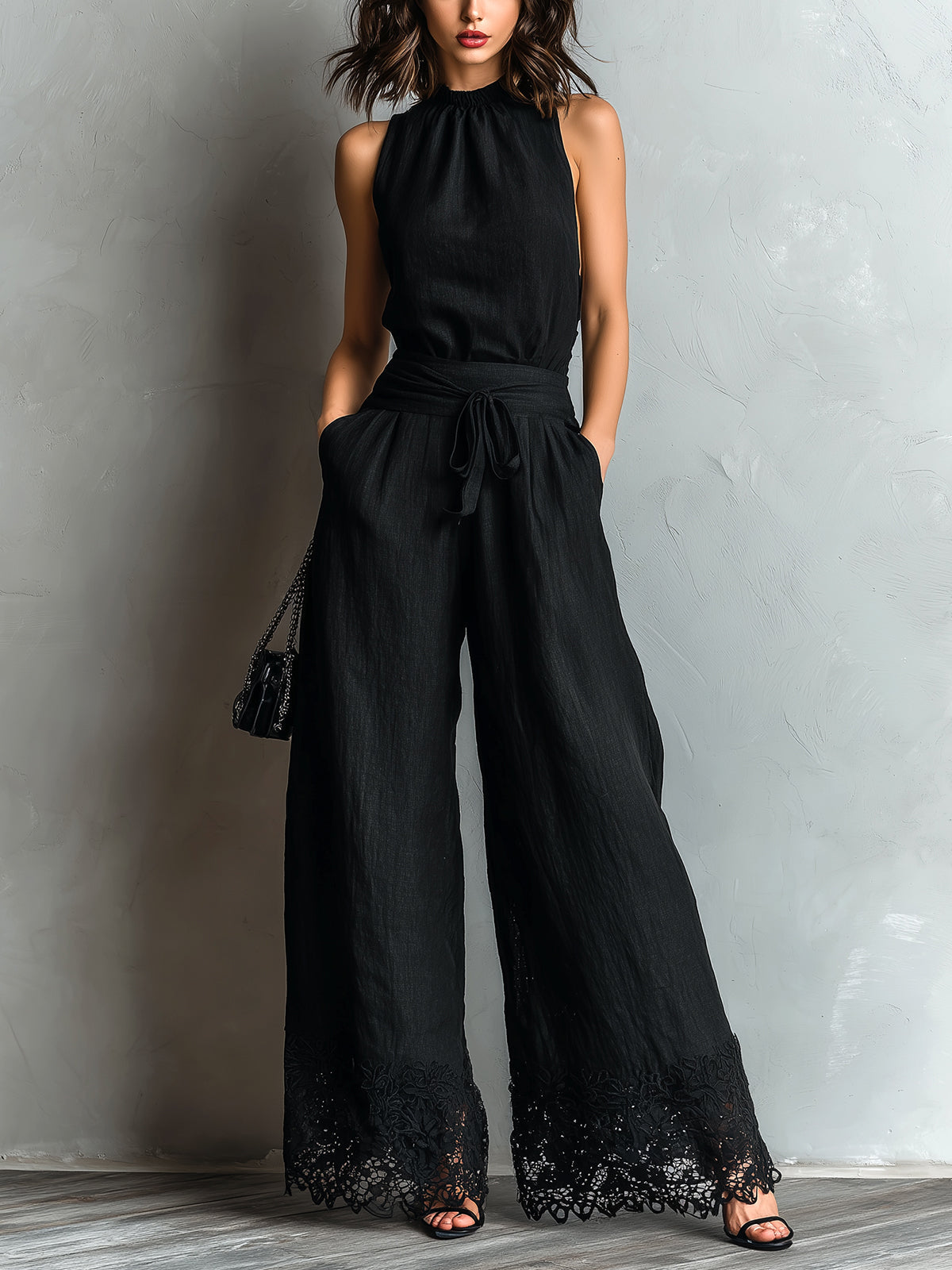 Black Faux Halter Neck Vest With Tie-up Lace-trimmed Wide-leg Pants Set