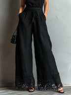 Black Faux Halter Neck Vest With Tie-up Lace-trimmed Wide-leg Pants Set