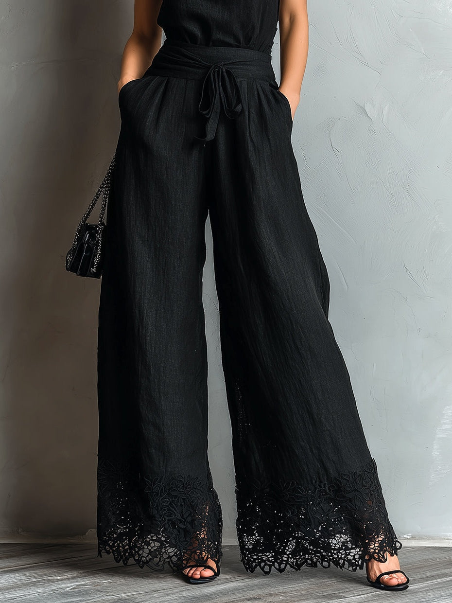 Black Faux Halter Neck Vest With Tie-up Lace-trimmed Wide-leg Pants Set