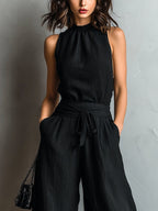 Black Faux Halter Neck Vest With Tie-up Lace-trimmed Wide-leg Pants Set