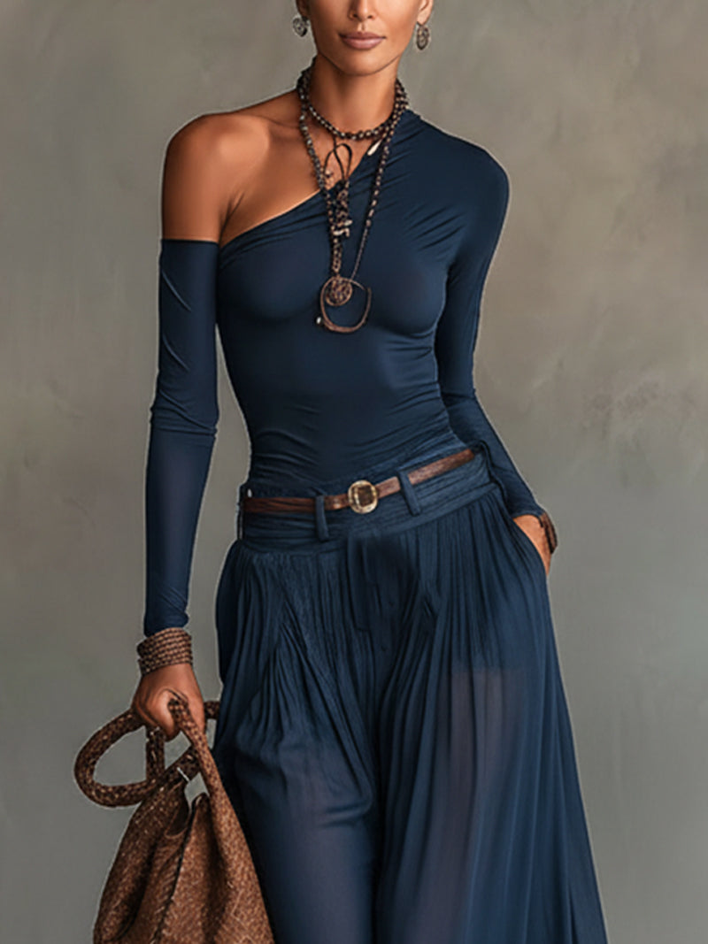 Lore | Navy Blue One Shoulder Top and Skirt Two Pieces