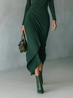 Lenora - Asymmetrical midi dress with draping and high collar in dark green color
