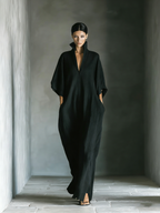 Women's Black Oversized Kimono-Sleeve Maxi Dress With Pockets