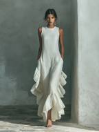 Women's Ivory Sleeveless Maxi Dress With Round Neck & Ruffle Hem