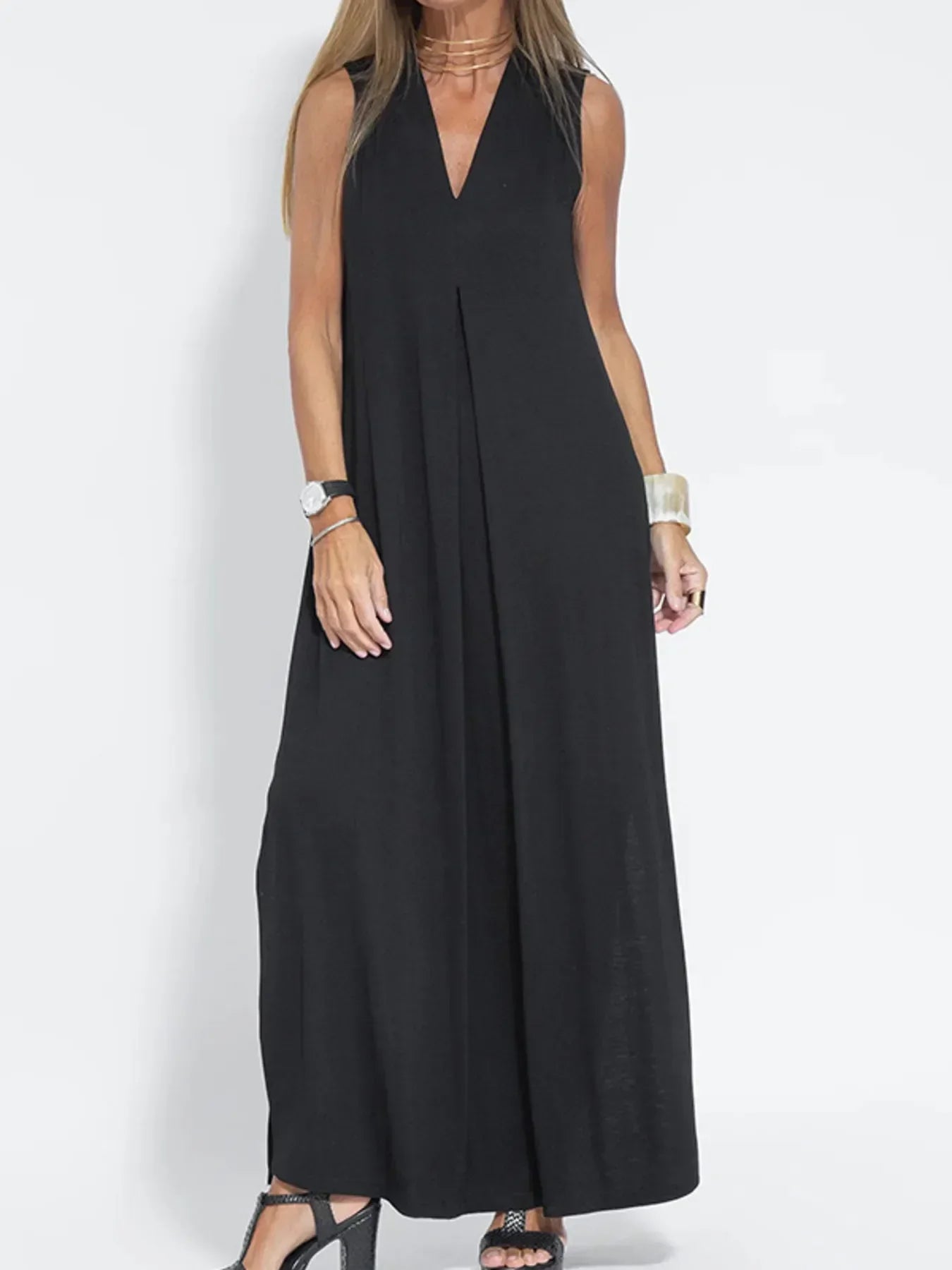 Maxi Dress Without Sleeves with V-Neck and Slit Plus Sizes