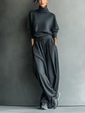Women's Carbon Knit Set with a stand-up collar and wide-leg pants