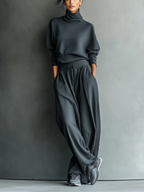 Women's Carbon Knit Set with a stand-up collar and wide-leg pants