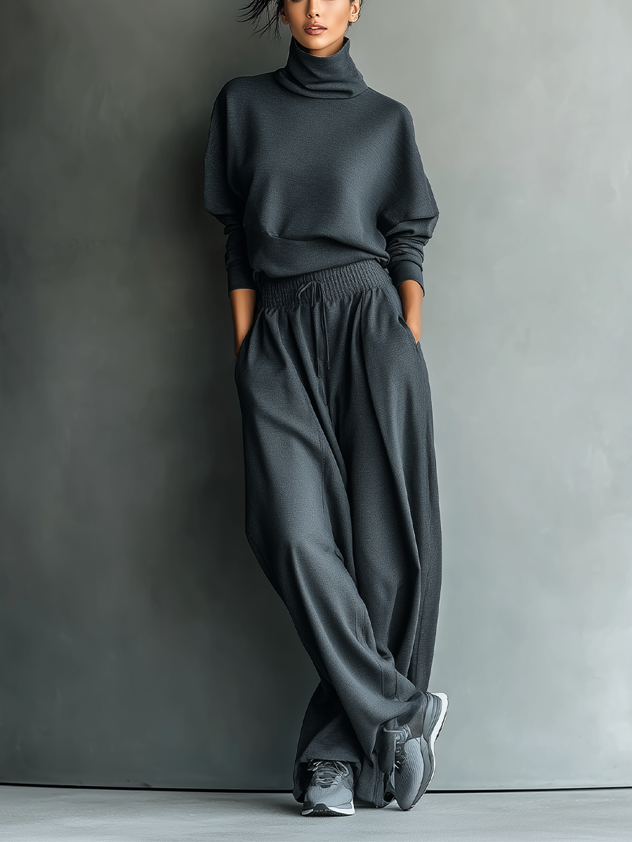 Women's Carbon Knit Set with a stand-up collar and wide-leg pants