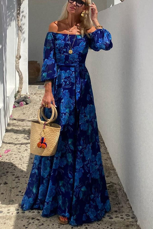 Francesca - Elegant Wedding Guest Maxi Dress with floral print and off-the-shoulder sleeves