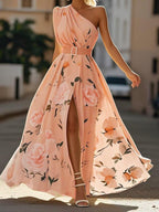 Julie | Light Green Floral Chiffon Maxi Dress with One Shoulder