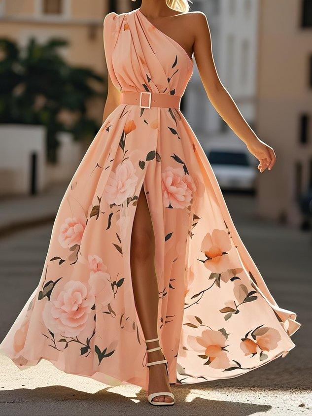 Julie | Light Green Floral Chiffon Maxi Dress with One Shoulder
