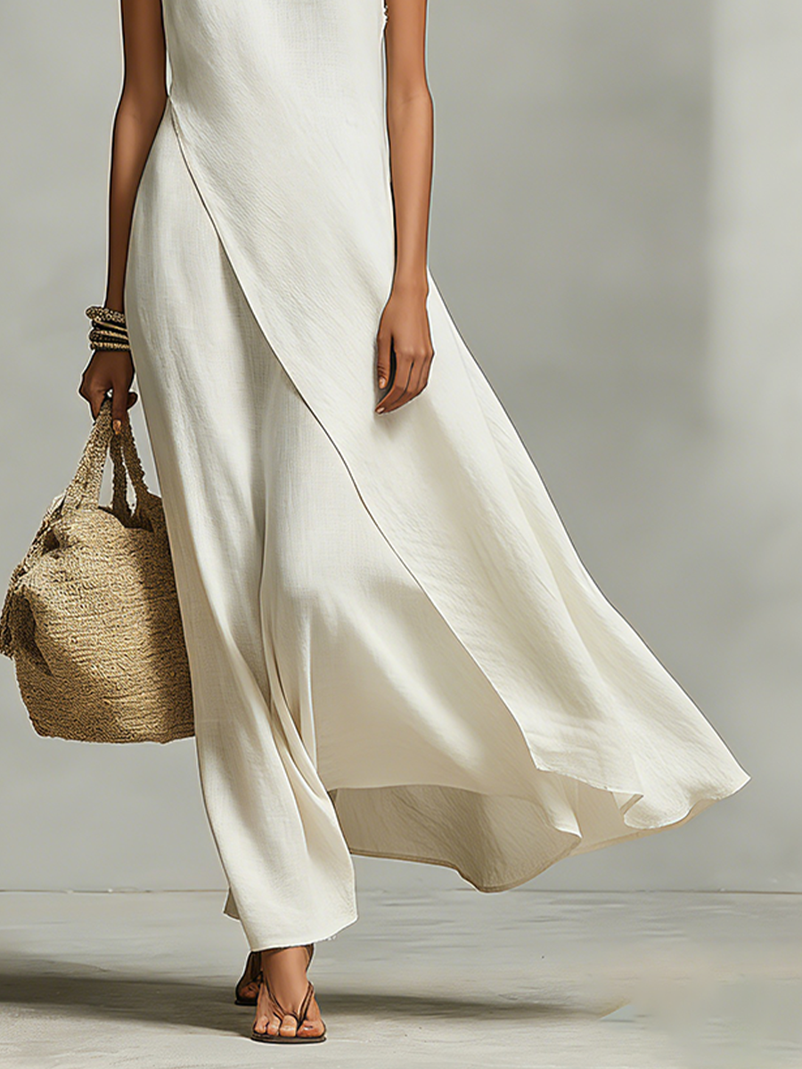 Women's Ivory Breathable Dress With Sleeveless Detail & Asymmetric Hem, Contemporary Casual-Feminine Style Dress