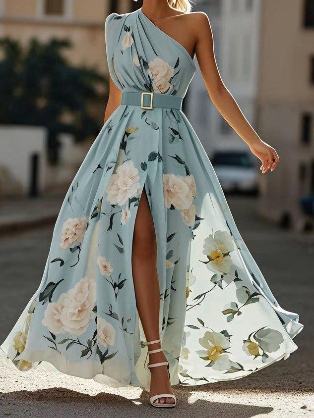 Julie | Light Green Floral Chiffon Maxi Dress with One Shoulder