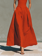 Women's Red Maxi Dress With Halter Neck & Pleated Skirt, Timeless Elegant-Resort Style Dress
