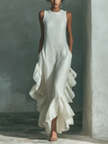 Women's Ivory Sleeveless Maxi Dress With Round Neck & Ruffle Hem