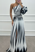 Shiloh - Elegant Striped Wedding Guest Maxi Dress with One Shoulder