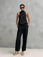 Women's Elegant Black Round-neck Sleeveless Top And Trousers Set
