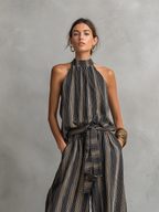 Women's Elegant Striped Printed Woven Round Neck Sleeveless Top Paired With Trousers Set