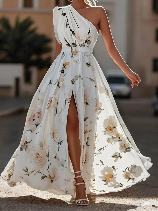 Julie | Light Green Floral Chiffon Maxi Dress with One Shoulder
