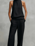 Women's Elegant Black Round-neck Sleeveless Top And Trousers Set