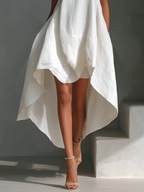 Women's White Sleeveless Midi Dress With Round Neck & Asymmetric Hem