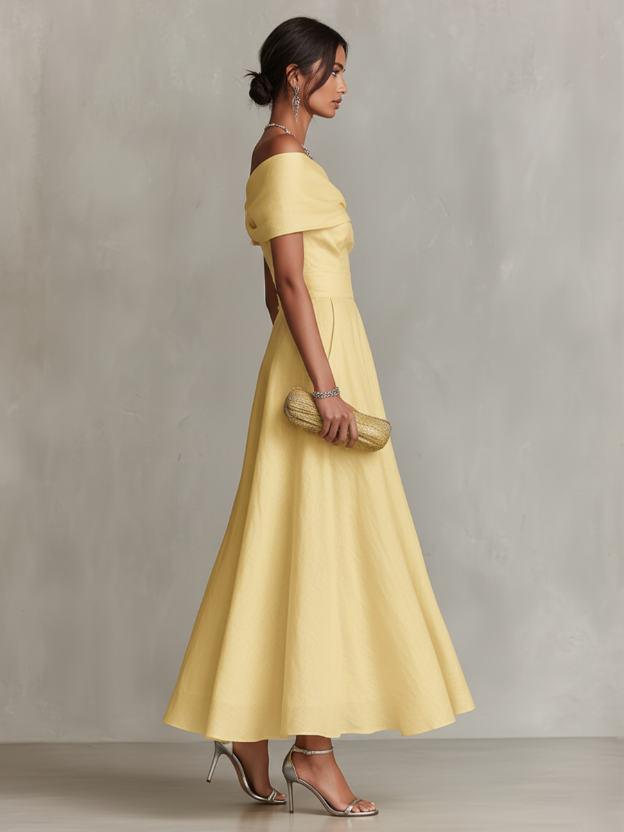 Women's Yellow Dress With One-Shoulder Neckline & Fitted Waist, Timeless Elegant-Chic Style Dress