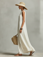 Women's Ivory Breathable Dress With Sleeveless Detail & Asymmetric Hem, Contemporary Casual-Feminine Style Dress