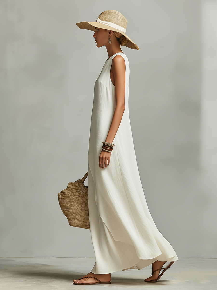 Women's Ivory Breathable Dress With Sleeveless Detail & Asymmetric Hem, Contemporary Casual-Feminine Style Dress