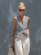 Women's Casual Striped Woven Sleeveless Vest Paired With White Trousers Set