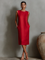 Women's Orange Shift Dress With Sleeveless Round Neck & Side Pockets, Timeless Minimalist-Elegant Style Dress