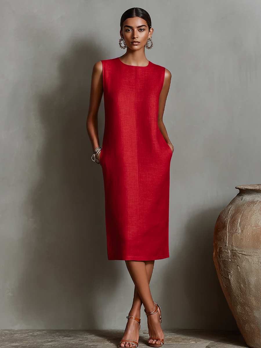 Women's Orange Shift Dress With Sleeveless Round Neck & Side Pockets, Timeless Minimalist-Elegant Style Dress