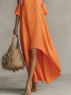 Women's Tangerine Dress With Cold Shoulder & High-Low Hem, Timeless Boho-Resort Style Dress