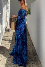Francesca - Elegant Wedding Guest Maxi Dress with floral print and off-the-shoulder sleeves
