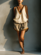 Women's Beige Contrast Trim V-Neck Tank Top & Khaki Shorts Two-Piece Set