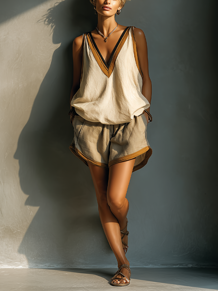 Women's Beige Contrast Trim V-Neck Tank Top & Khaki Shorts Two-Piece Set